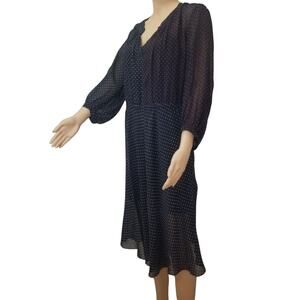 Silk Crepe Black Dots Akris Punto Slightly Sheer Midi Dress 3/4 Sleeve SZ 8